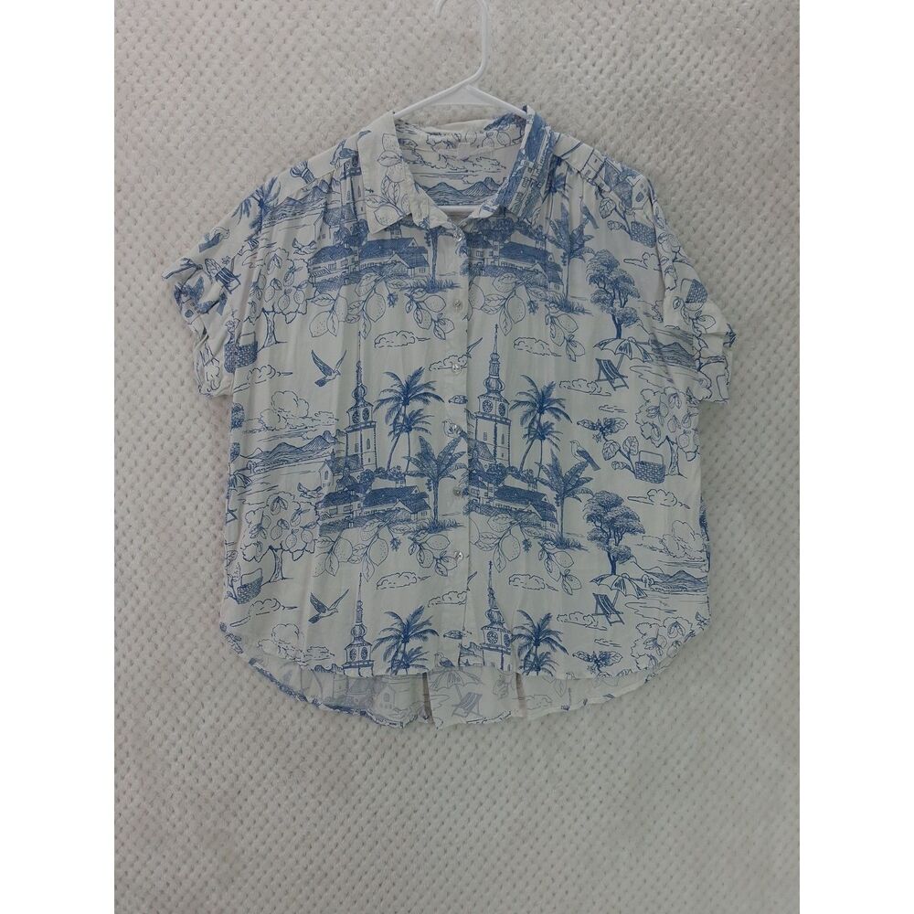 Jane+Delancey Women's Large White Toile de Jouy Scenic Button Down Shirt